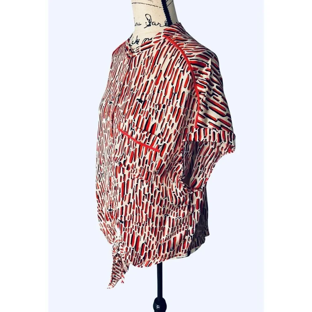 Umgee USA Shirt Women’s Large Red Black Abstract Button Up Tie Front K6122 NWT
